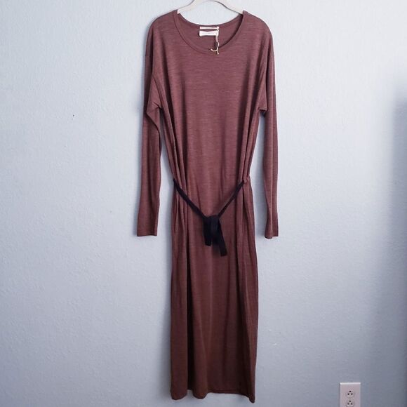 Pomandere Linen Wool Blend Brown Long Sleeve Dress - Picture 2 of 8